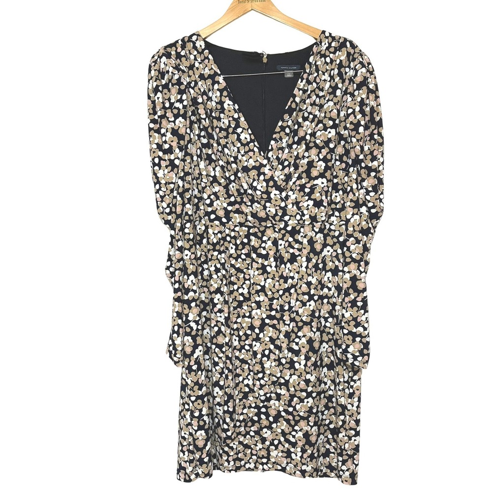 Tommy Hilfiger Navy Floral Faux Wrap Sheath Dress Long‎ Sleeve Size 14